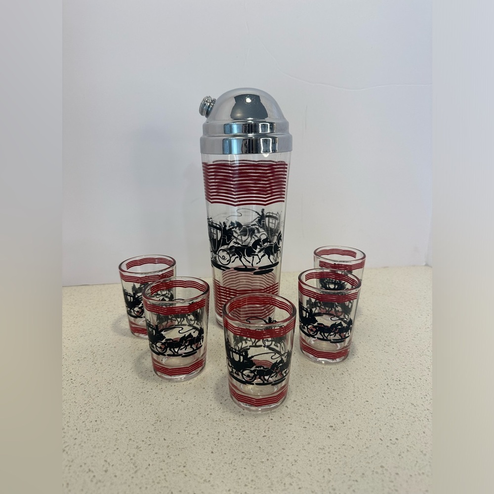 1950s MCM Hazel Atlas Stagecoach Cocktail Shaker with 5 Matching Shot Glasses